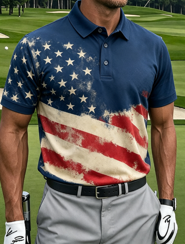 Men's Vintage Washed Distressed Full Flag Print Golf Polo Shirt
