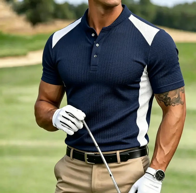 Men's Color Block Waffle Knit Stand Collar Golf Polo Shirt