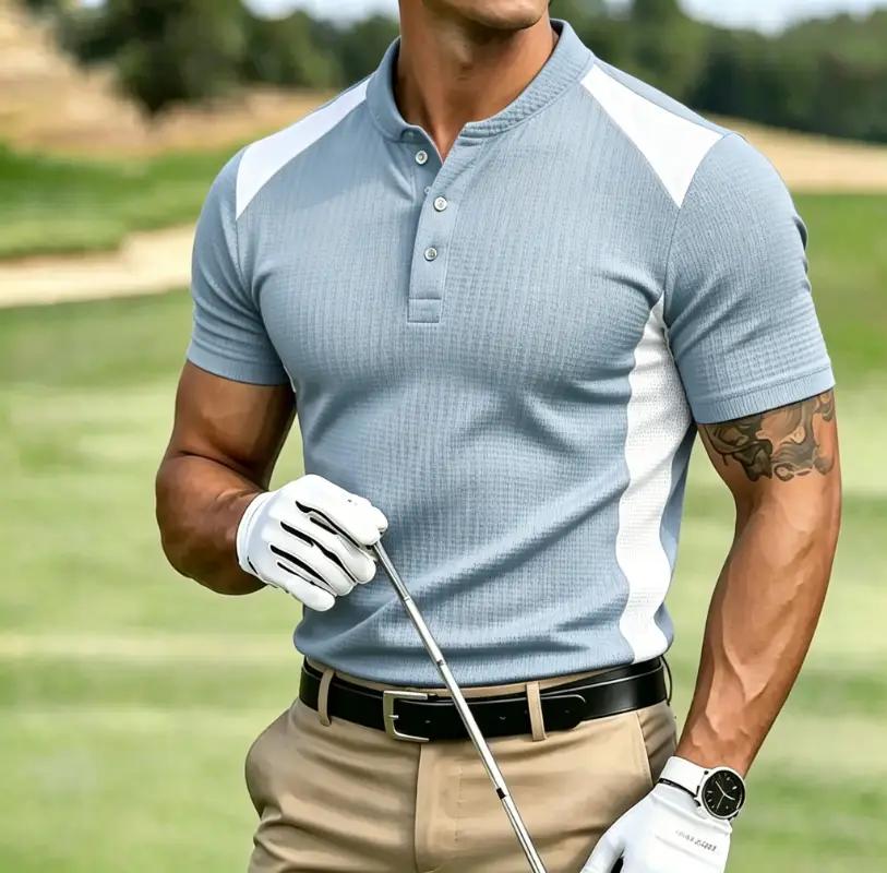 Men's Color Block Waffle Knit Stand Collar Golf Polo Shirt