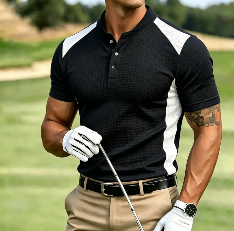 Men's Color Block Waffle Knit Stand Collar Golf Polo Shirt
