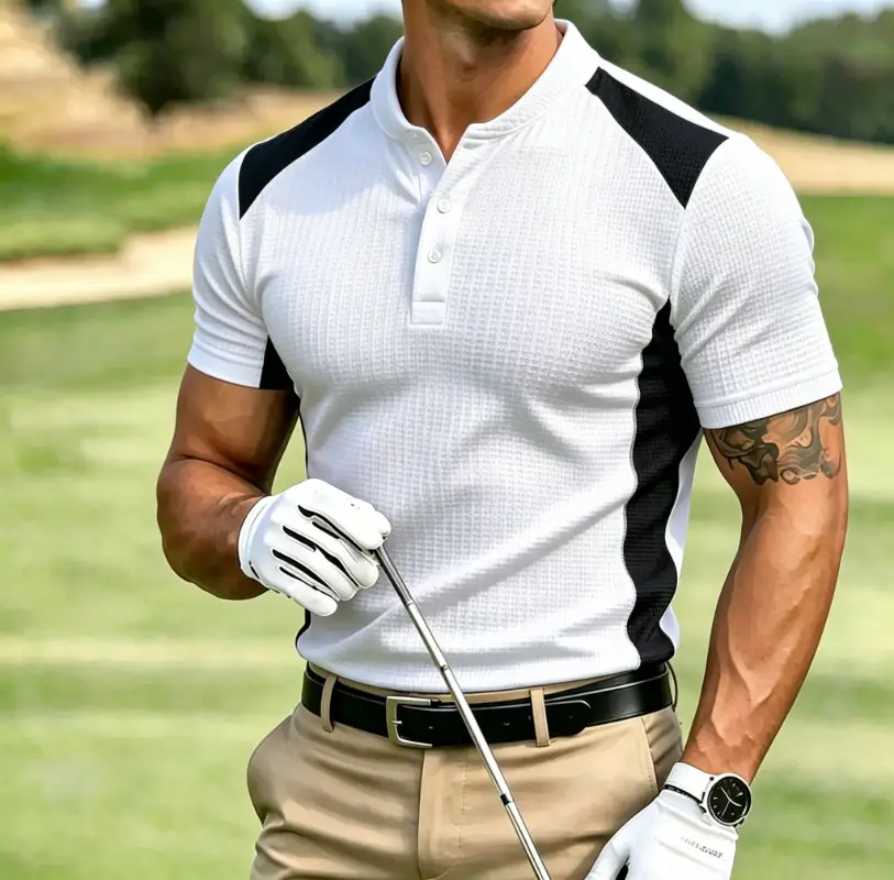 Men's Color Block Waffle Knit Stand Collar Golf Polo Shirt
