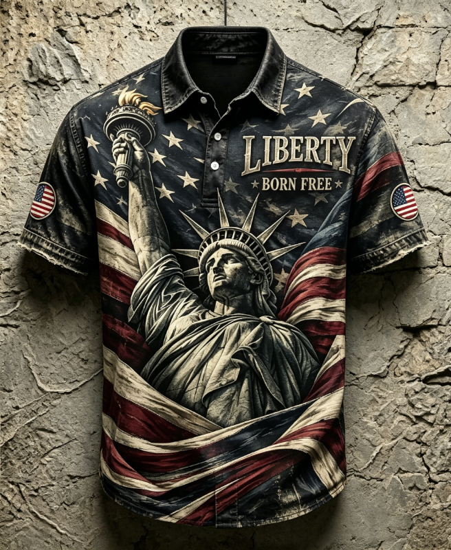 Men's Vintage Statue of Liberty Patriotic Golf Polo Shirt