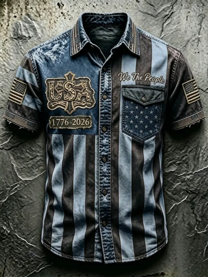 Men's Patriotic Vintage Flag Button-Up Shirt