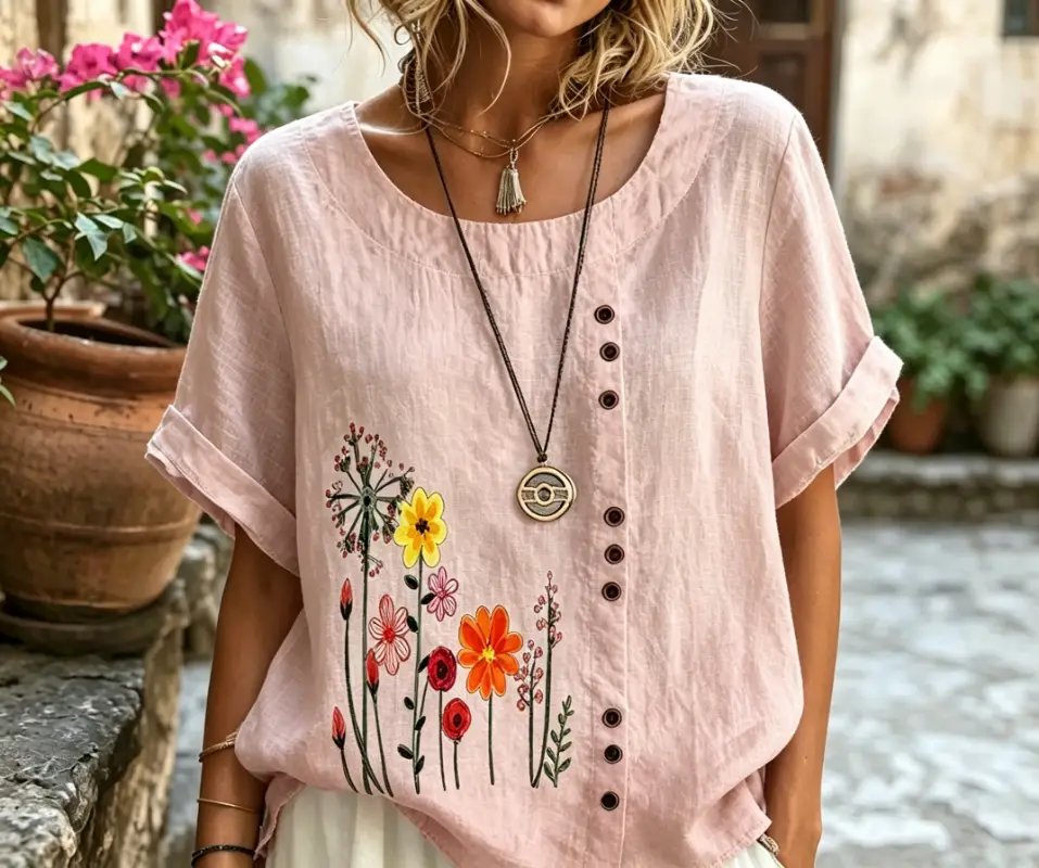 Women's Wildflower Print Rolled Short Sleeve Linen Blouse