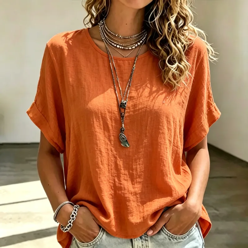 Women's Crew Neck Cuffed Short Sleeve Linen Blend Tee