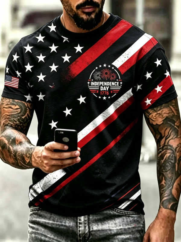 Men's Vintage Diagonal Star Stripe Independence Day 1776 Short Sleeve T-Shirt