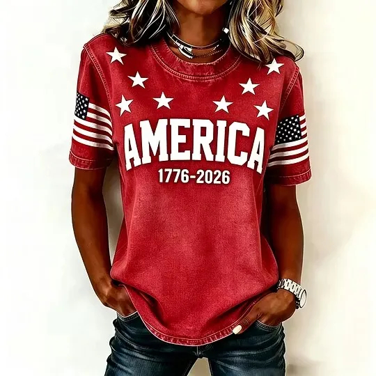 Women's America 1776-2026 Patriotic Flag Short-Sleeve T-Shirt - Casual Star Print Crew Neck Tee