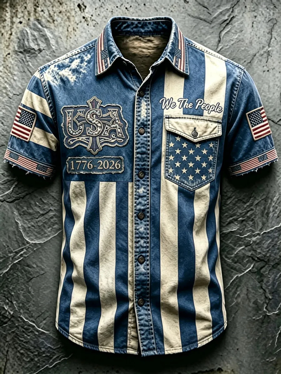 Men's Vintage USA Flag 1776-2026 Short-Sleeve Button-Down Shirt - Patriotic "We The People" Print