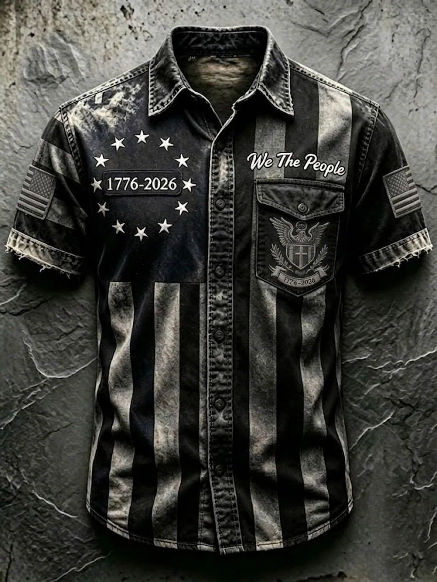 Men's USA 250th Anniversary 1776-2026 Vintage Flag Print Short-Sleeve Button-Down Shirt - "We The People" Eagle Graphic