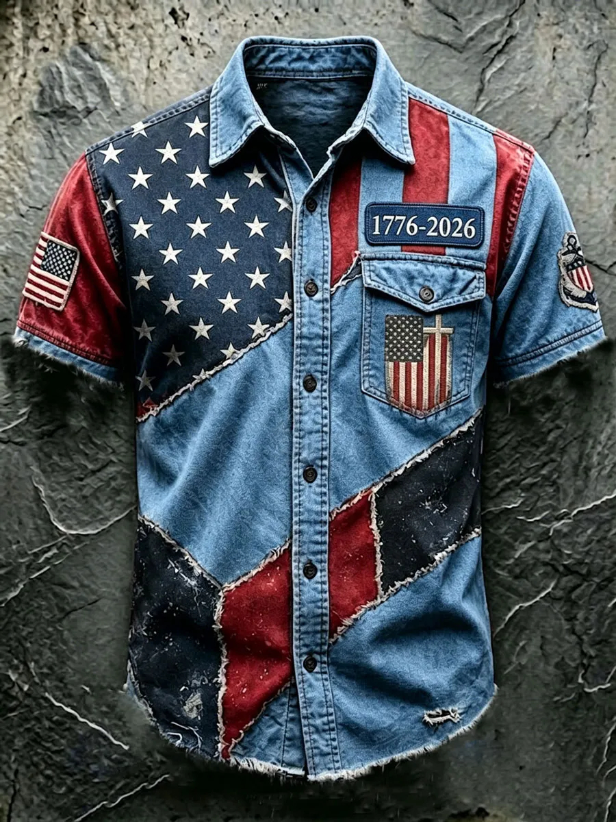 Men's USA 1776-2026 250th Anniversary Vintage Flag Patchwork Short-Sleeve Button-Down Shirt - Distressed Denim Style