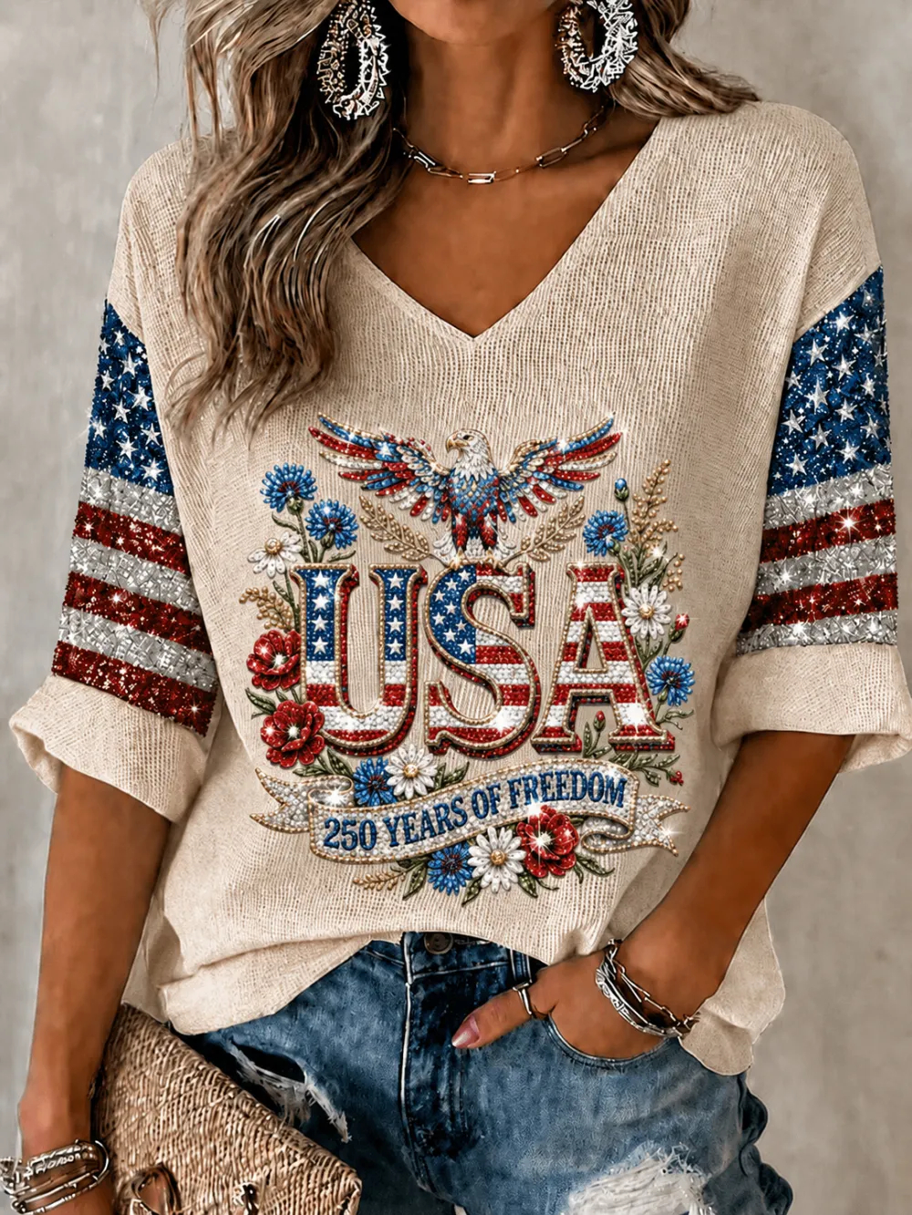 Women's USA 250th Anniversary "250 Years of Freedom" Eagle Print 3/4 Sleeve V-Neck Top