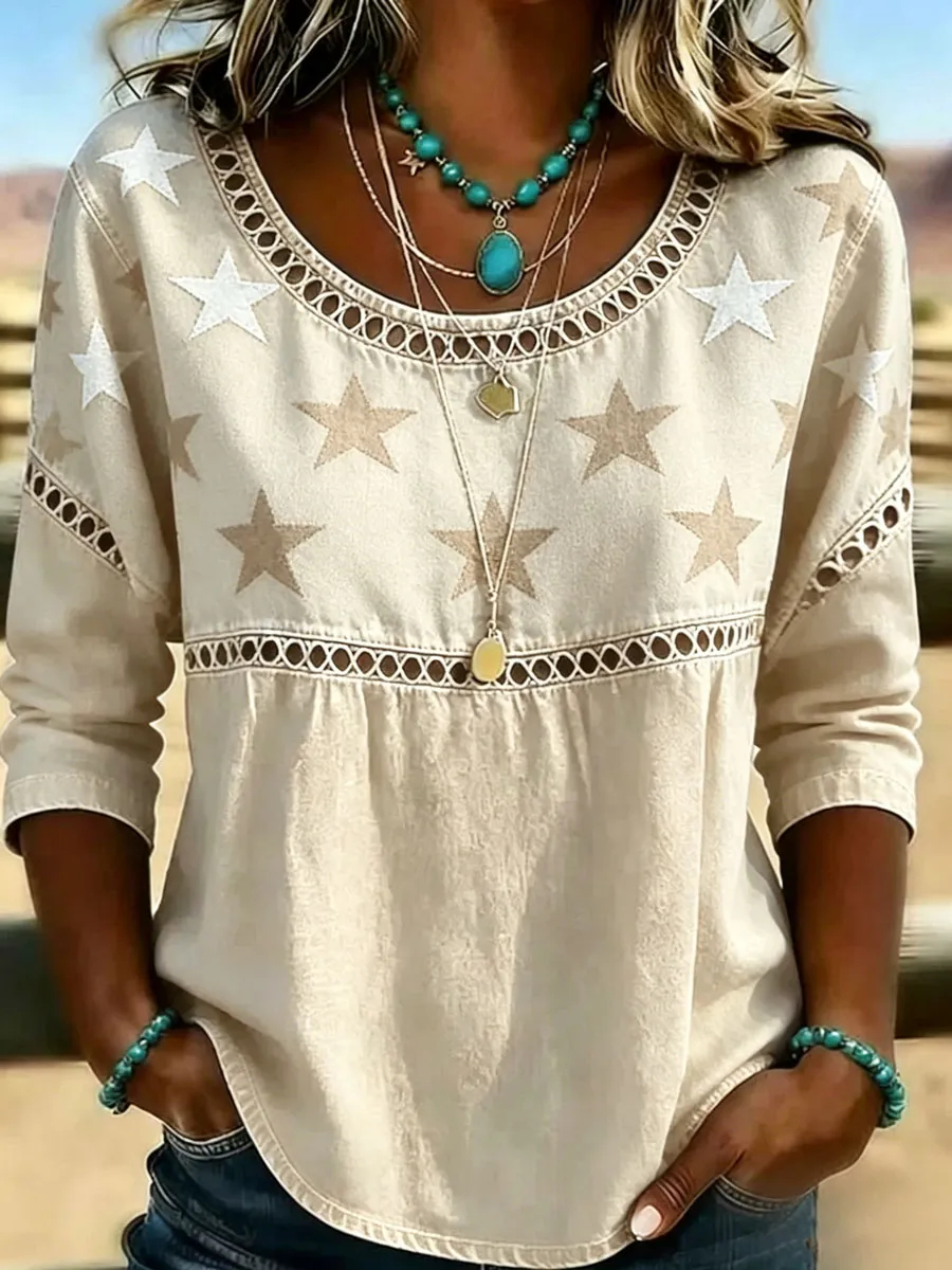 Western Star Denim Tunic Top | Boho Style Casual Long Sleeve Blouse