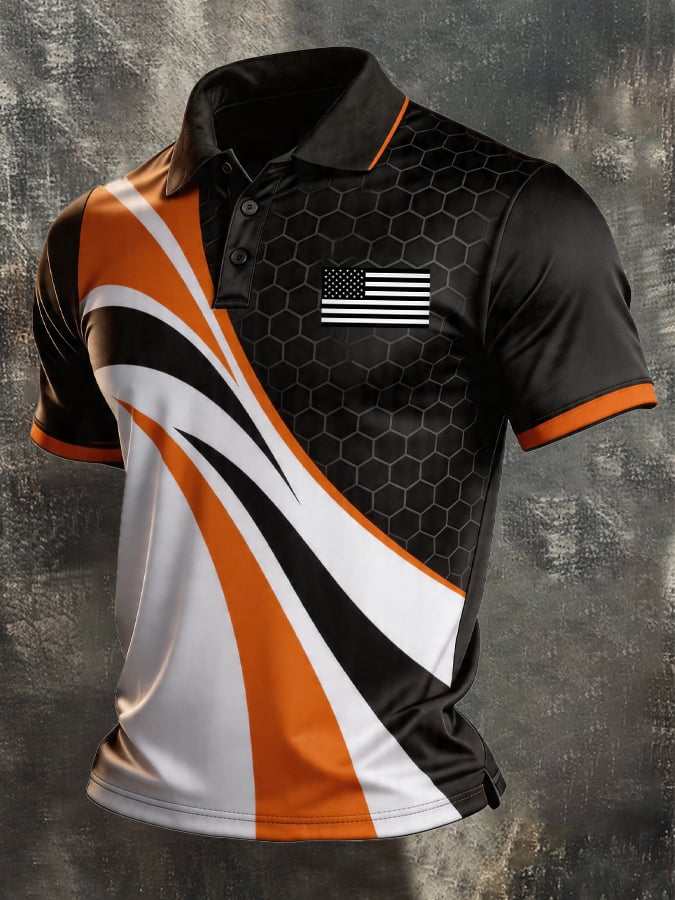 Men's Retro Patriotic Color-Block Short-Sleeve Polo Shirt