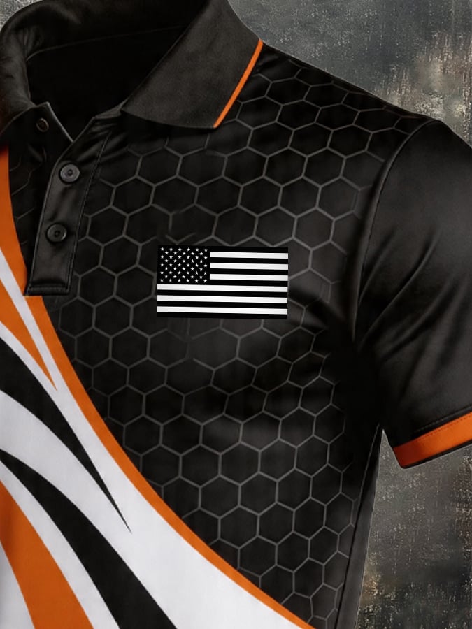 Men's Retro Patriotic Color-Block Short-Sleeve Polo Shirt