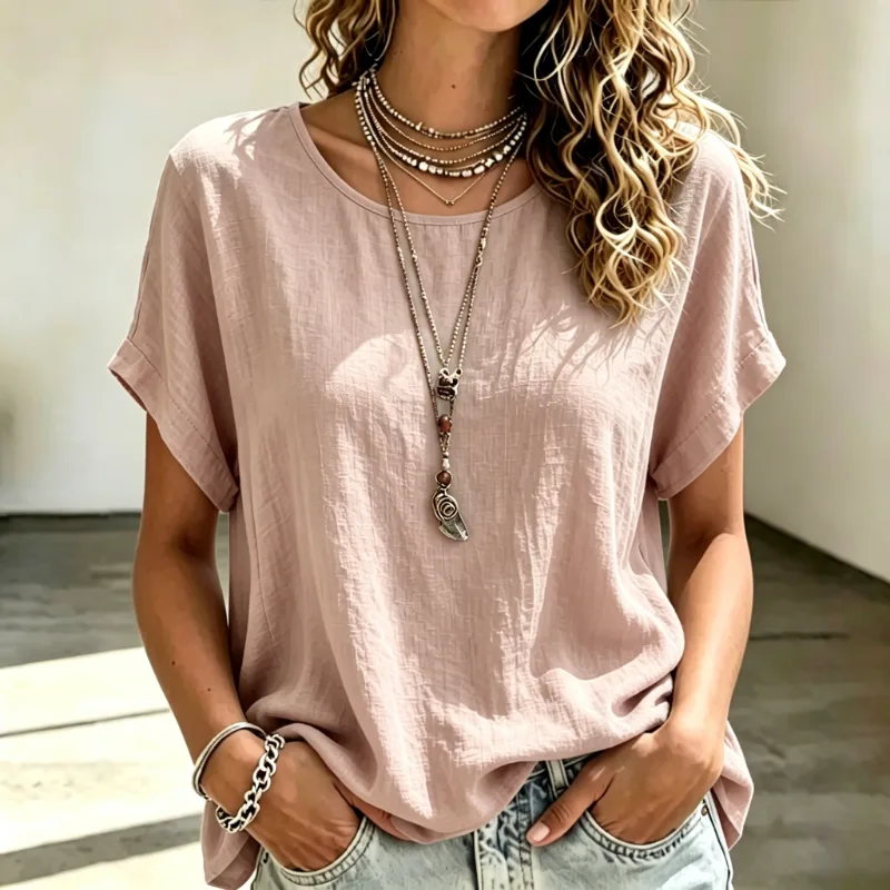 Women's Crew Neck Cuffed Short Sleeve Linen Blend Tee