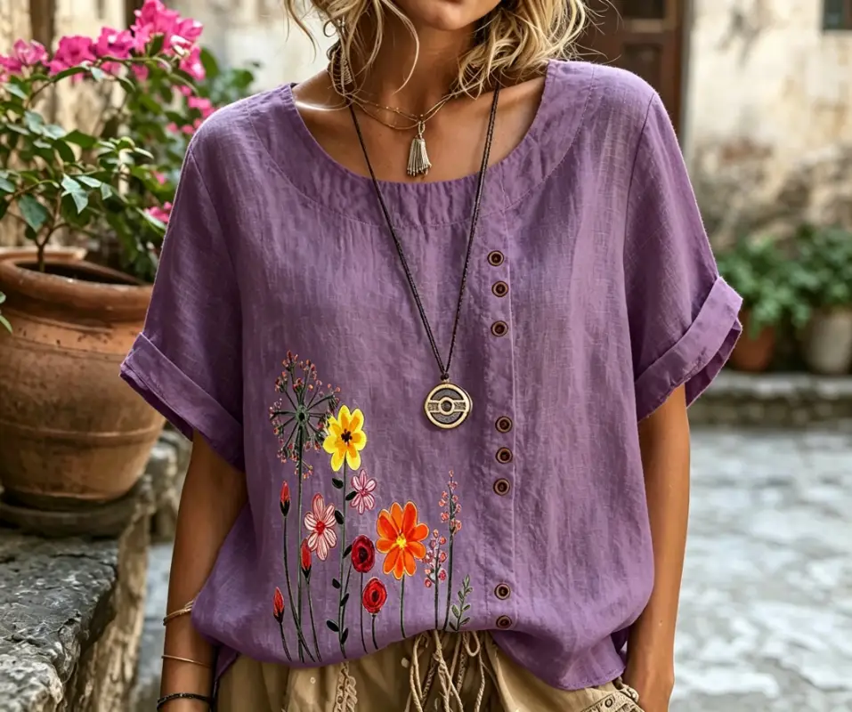 Women's Wildflower Print Rolled Short Sleeve Linen Blouse
