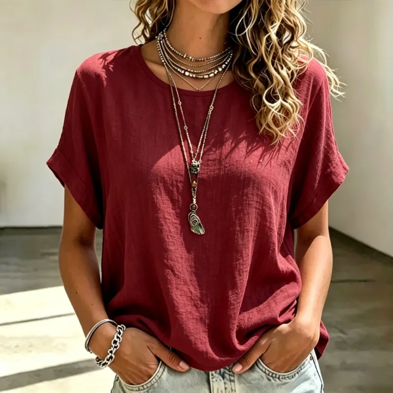 Women's Crew Neck Cuffed Short Sleeve Linen Blend Tee