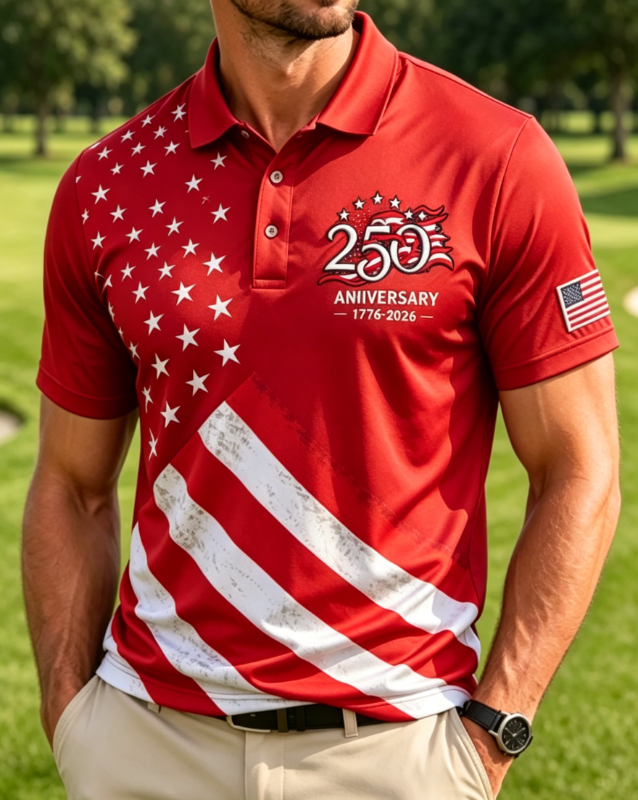 Men's Vintage Distressed Flag Print Patriotic Golf Polo Shirt