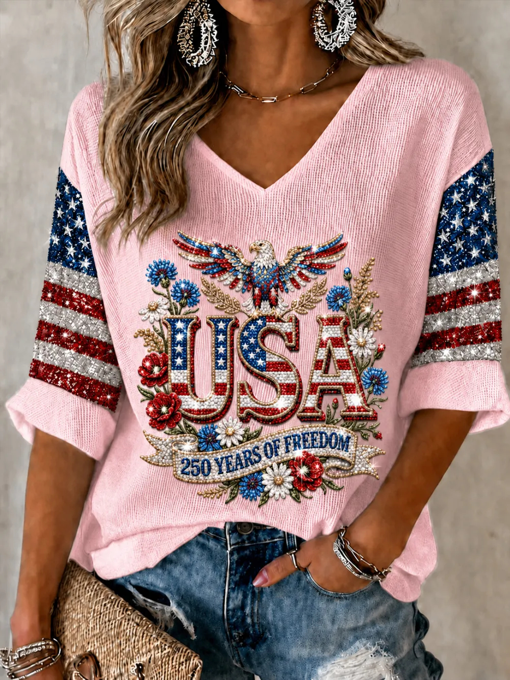 Women's USA 250th Anniversary "250 Years of Freedom" Eagle Print 3/4 Sleeve V-Neck Top