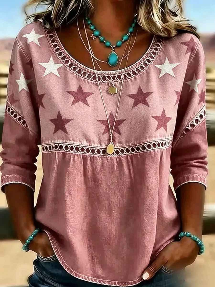 Western Star Denim Tunic Top | Boho Style Casual Long Sleeve Blouse