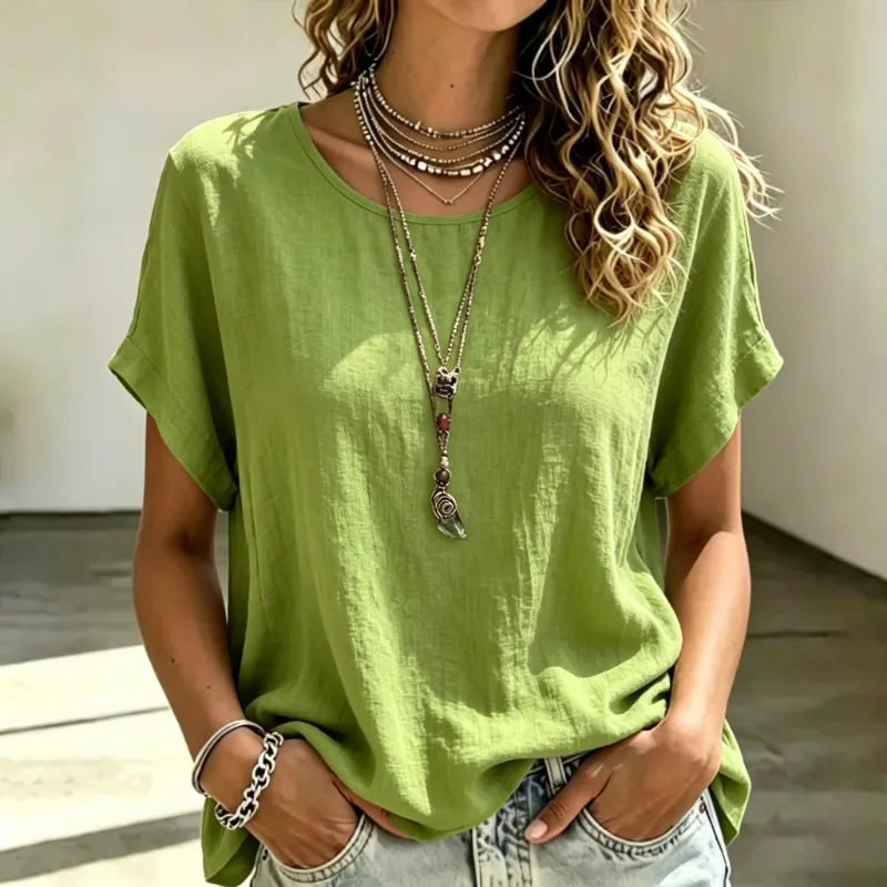 Women's Crew Neck Cuffed Short Sleeve Linen Blend Tee