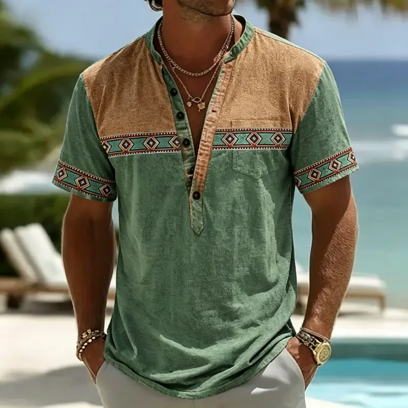 Men's Ethnic Geometric Color Block Henley Short Sleeve Shirt