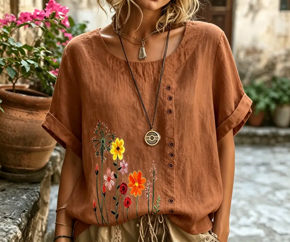 Women's Wildflower Print Rolled Short Sleeve Linen Blouse