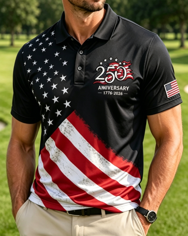 Men's Vintage Distressed Flag Print Patriotic Golf Polo Shirt