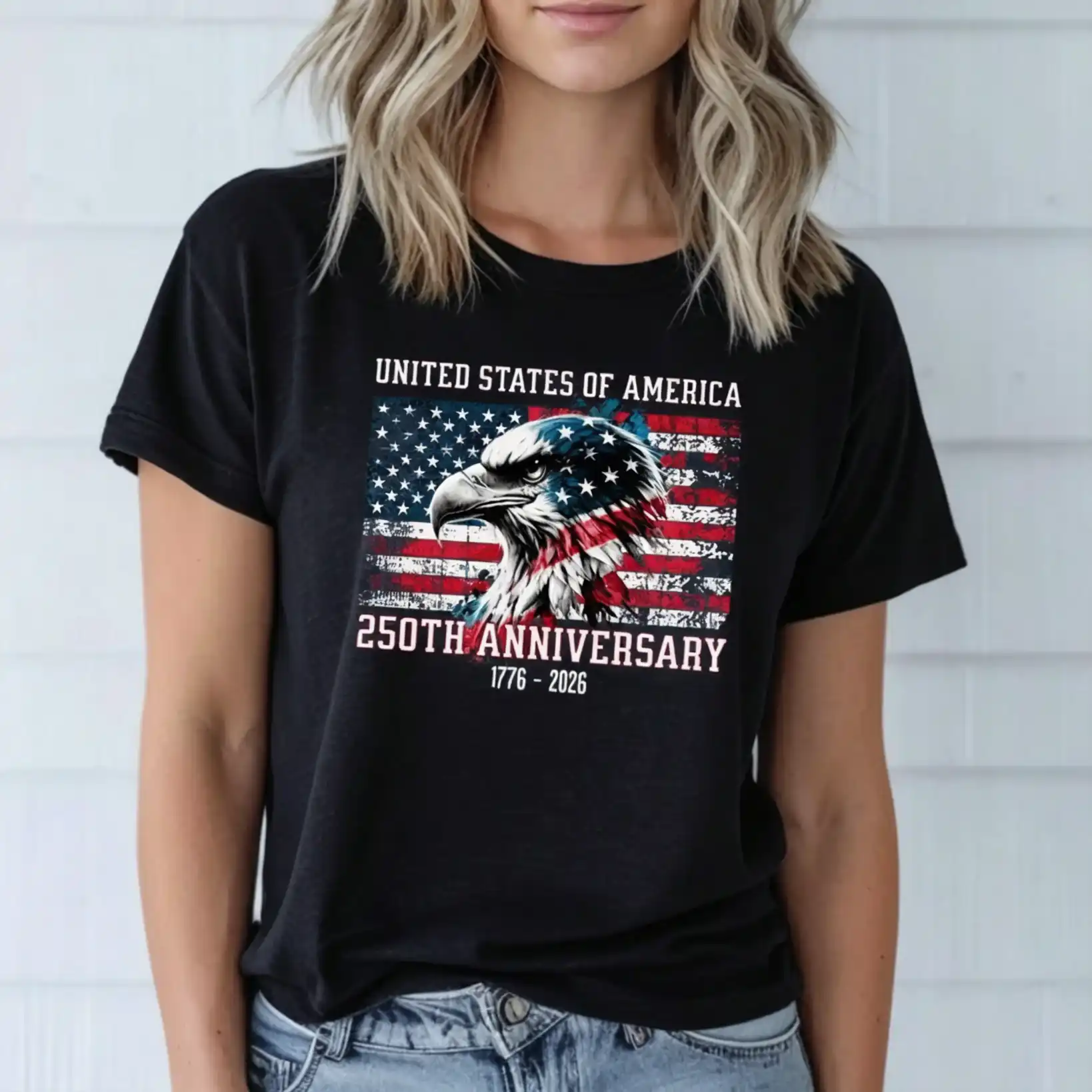 Women's United States 250th Anniversary Distressed Eagle USA Flag Patriotic Short Sleeve Crew Neck Tee