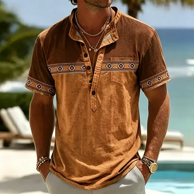 Men's Ethnic Geometric Color Block Henley Short Sleeve Shirt