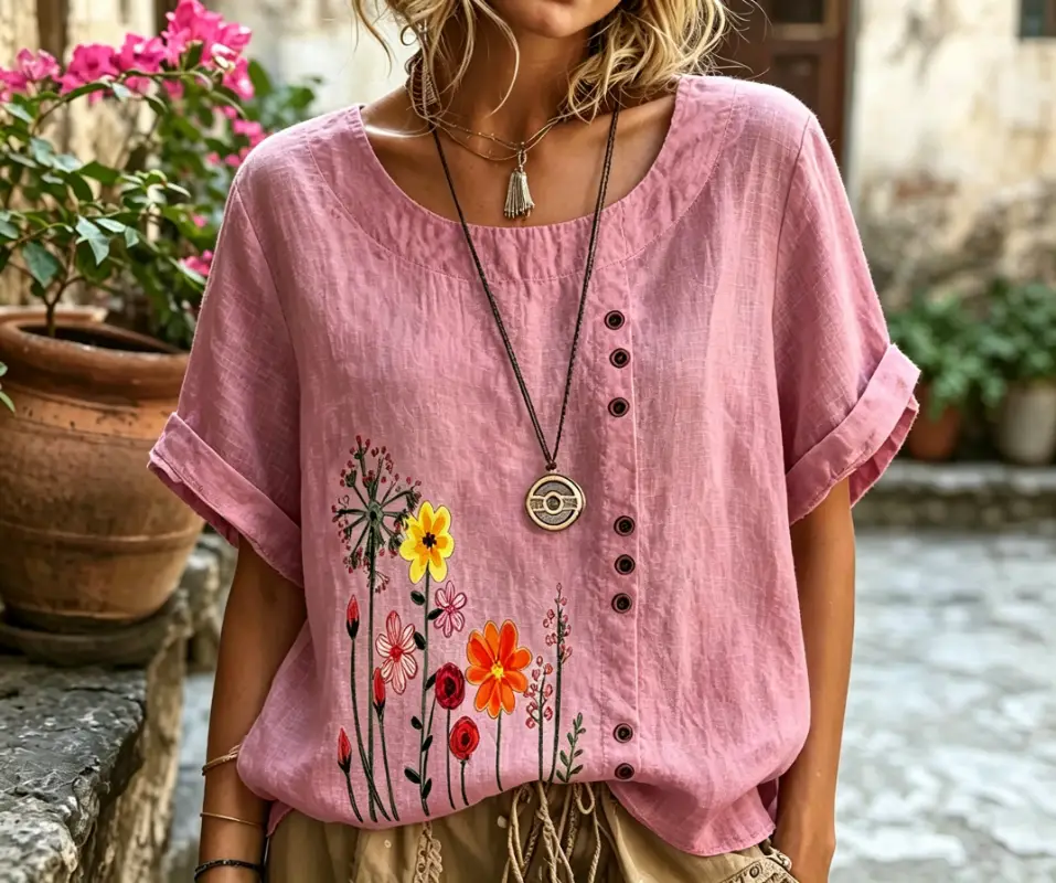 Women's Wildflower Print Rolled Short Sleeve Linen Blouse