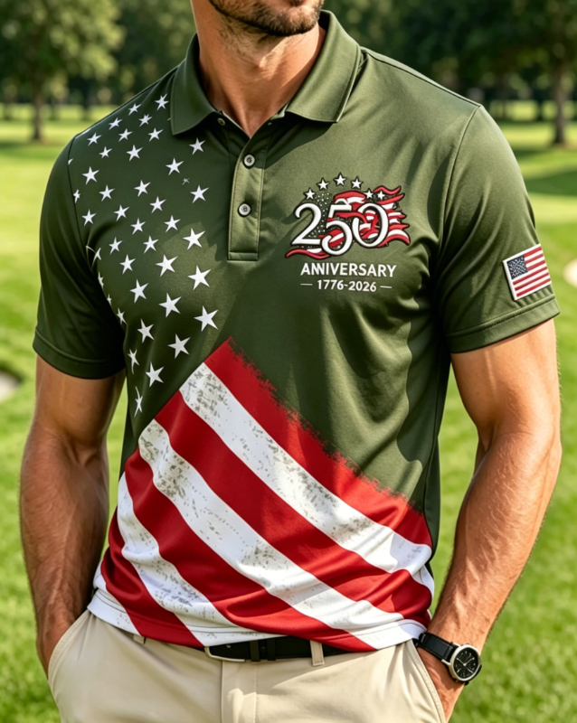 Men's Vintage Distressed Flag Print Patriotic Golf Polo Shirt