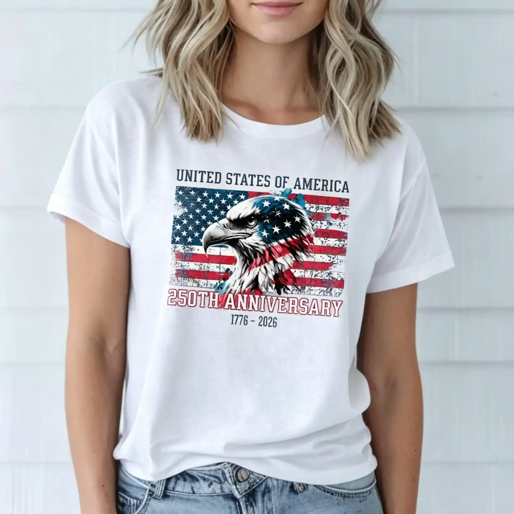 Women's United States 250th Anniversary Distressed Eagle USA Flag Patriotic Short Sleeve Crew Neck Tee