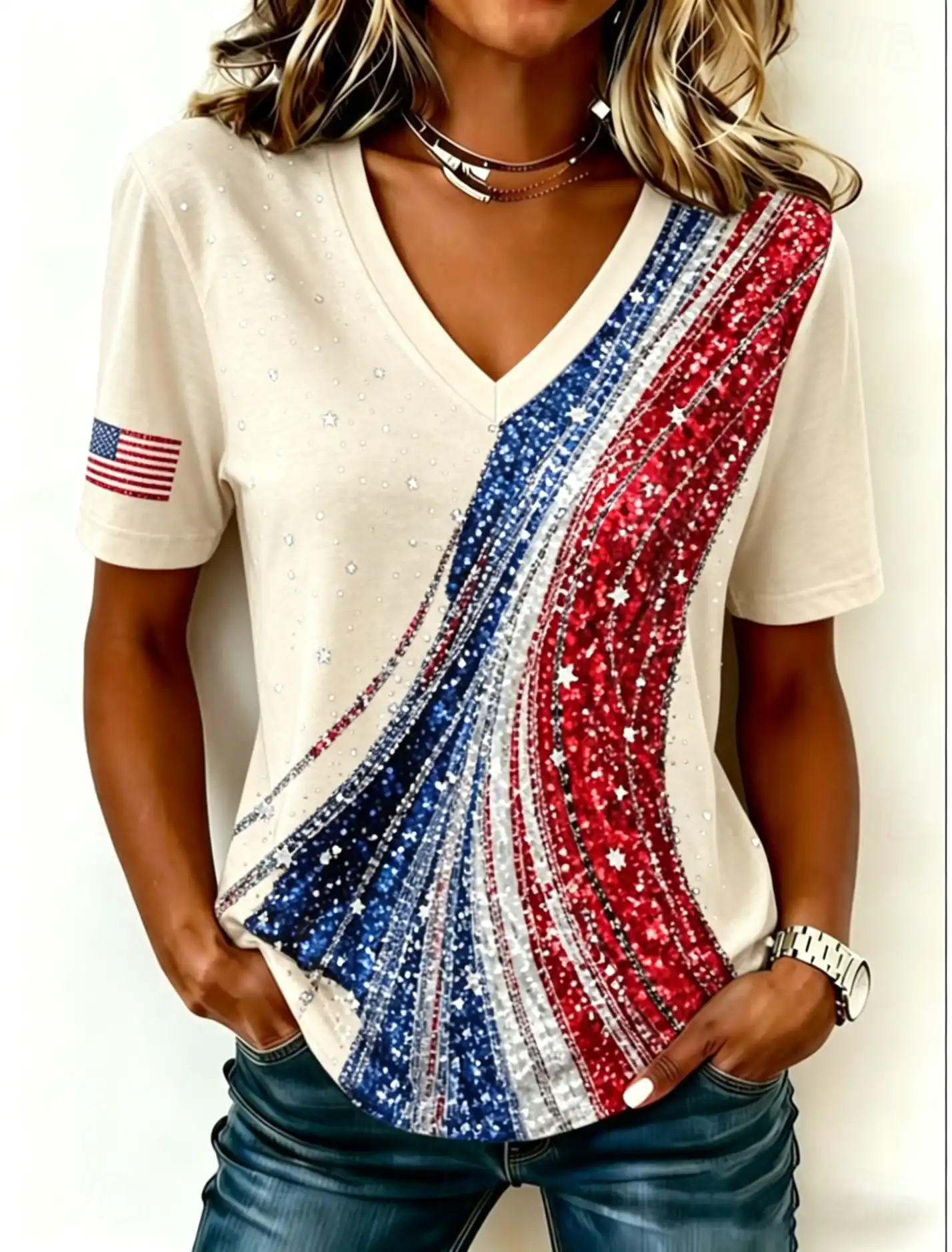 Women's Glitter USA Flag Stripe Star V-Neck Short Sleeve Patriotic Tee