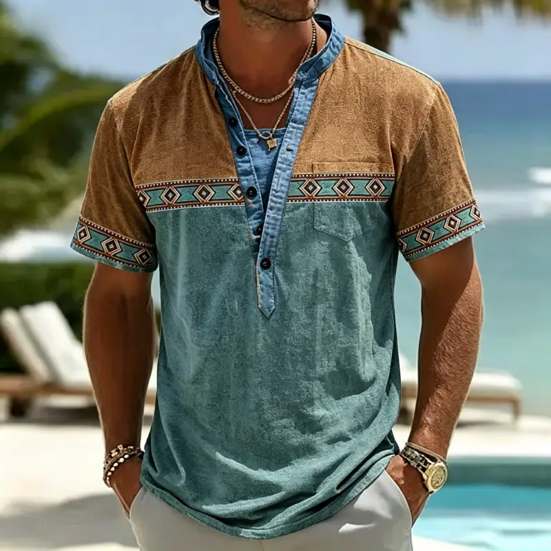 Men's Ethnic Geometric Color Block Henley Short Sleeve Shirt