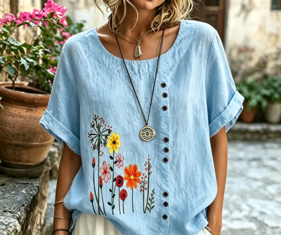 Women's Wildflower Print Rolled Short Sleeve Linen Blouse