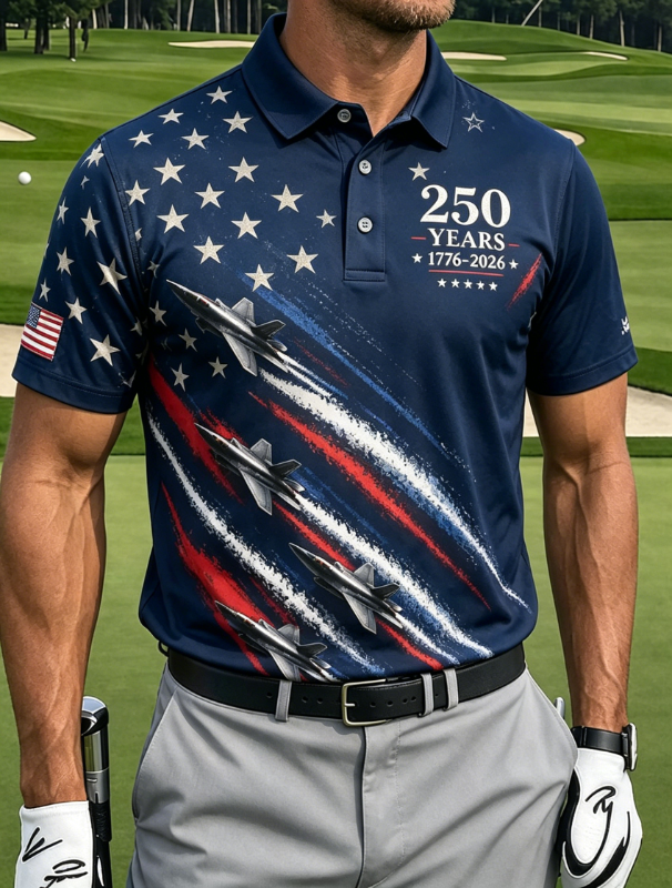 Men's Patriotic Fighter Jet Star Stripe Print Golf Polo Shirt