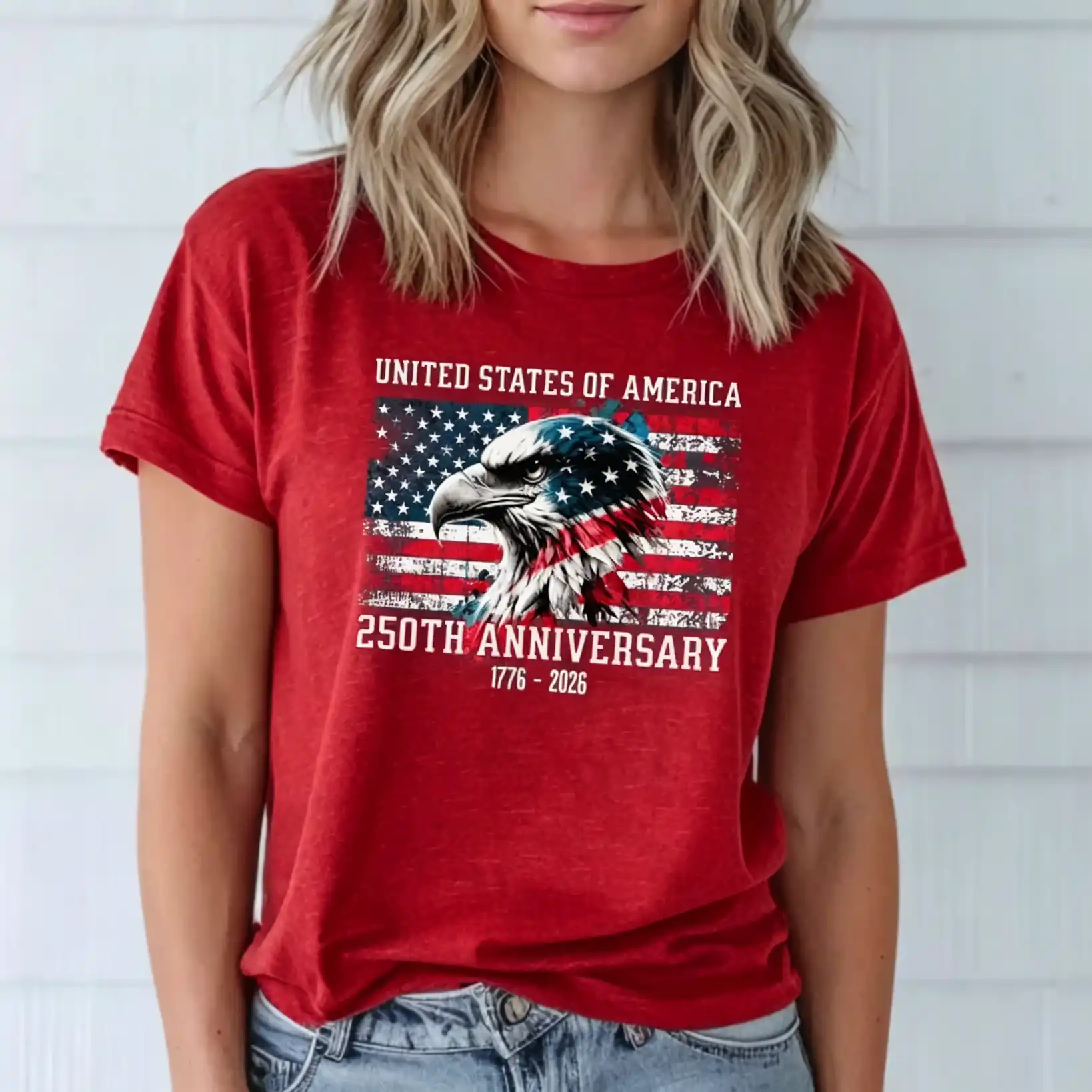 Women's United States 250th Anniversary Distressed Eagle USA Flag Patriotic Short Sleeve Crew Neck Tee