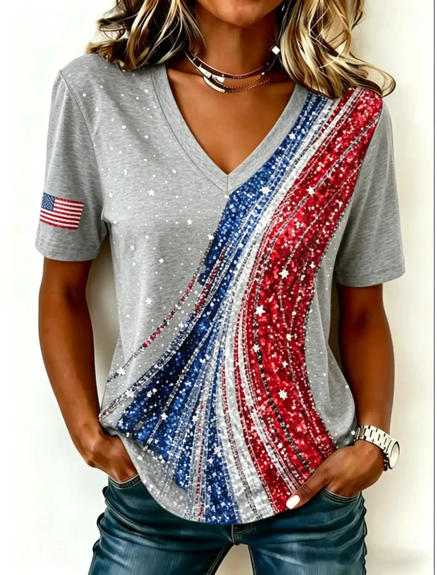 Women's Glitter USA Flag Stripe Star V-Neck Short Sleeve Patriotic Tee