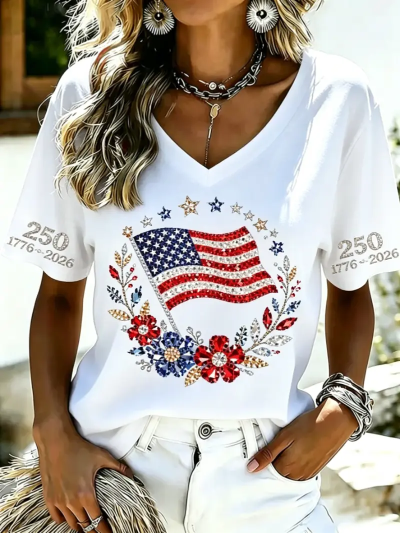 Women's Patriotic Floral Flag Rhinestone Short Sleeve T-Shirt