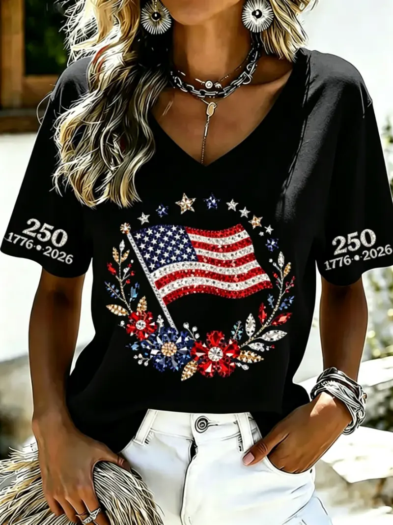 Women's Patriotic Floral Flag Rhinestone Short Sleeve T-Shirt