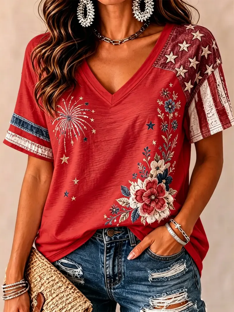 Women's Patriotic Firework Floral Color Block Short Sleeve T-Shirt