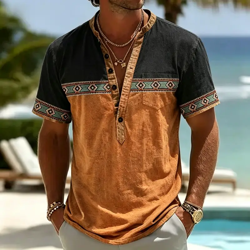 Men's Ethnic Geometric Color Block Henley Short Sleeve Shirt