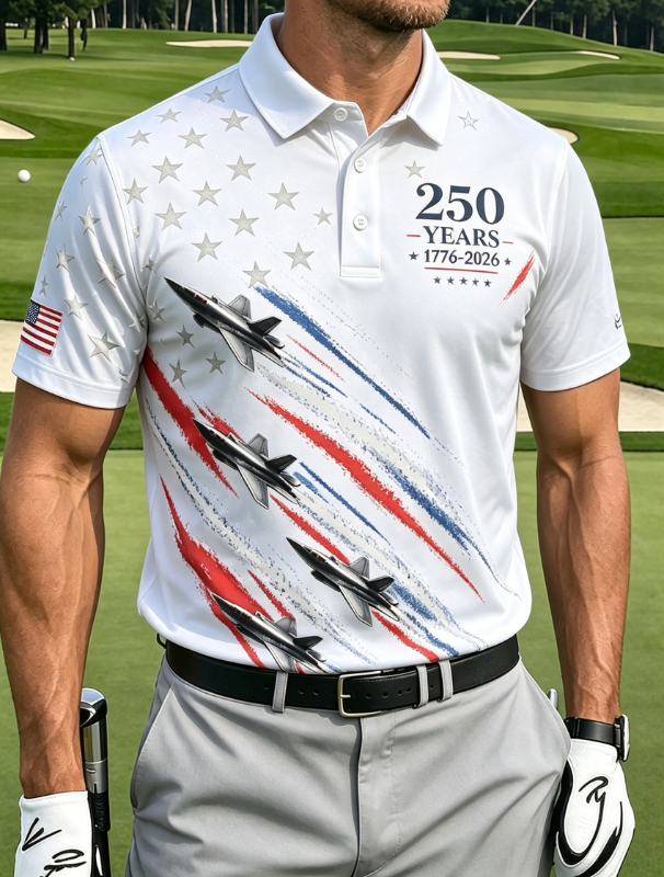 Men's Patriotic Fighter Jet Star Stripe Print Golf Polo Shirt