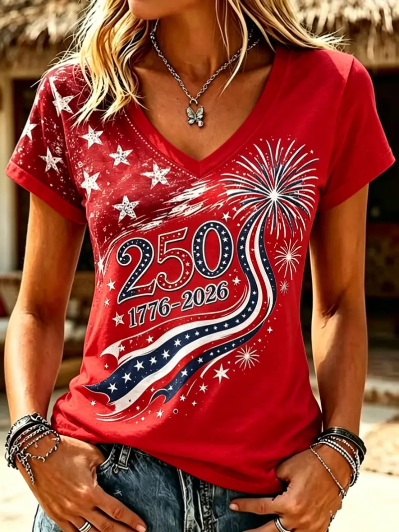 Women's Patriotic Firework 250th Anniversary V-Neck T-Shirt