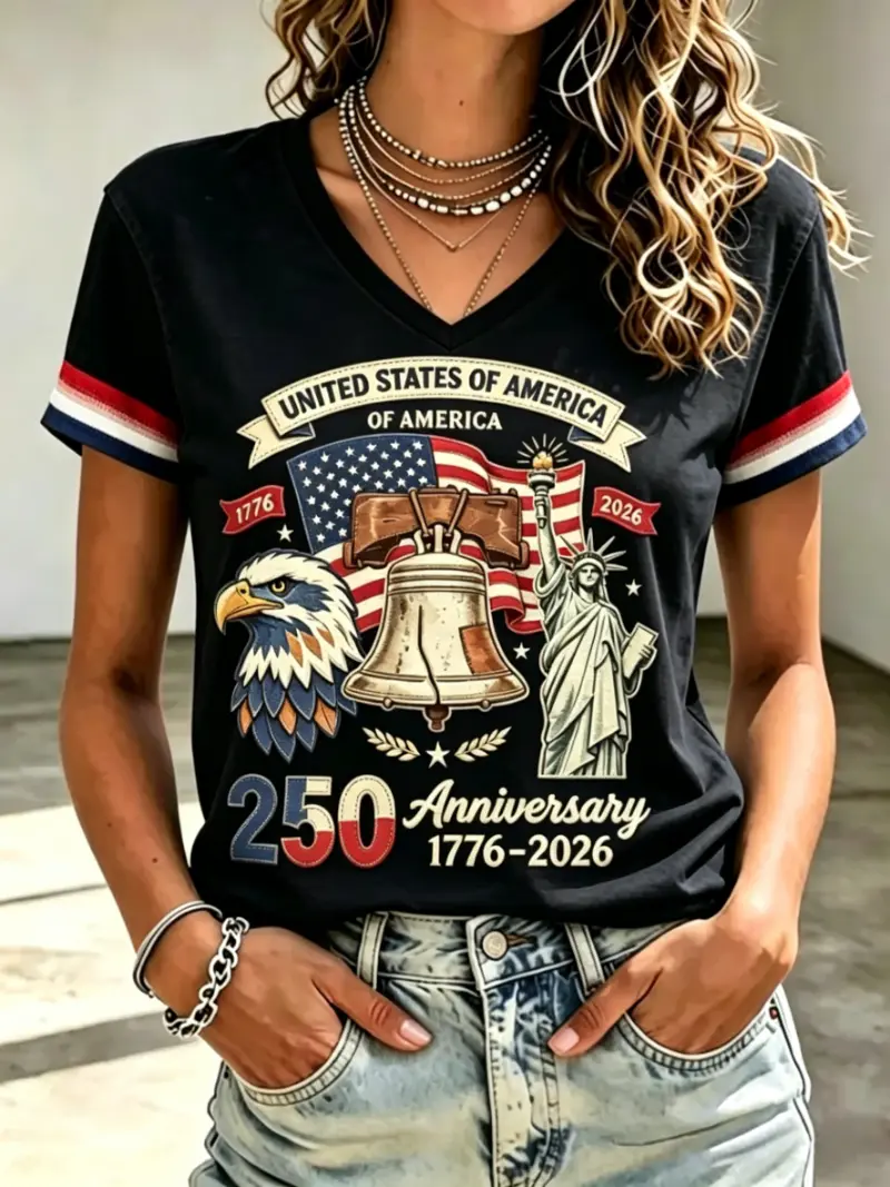 Women's Patriotic 250th Anniversary V-Neck Tee | Iconic Symbols Print
