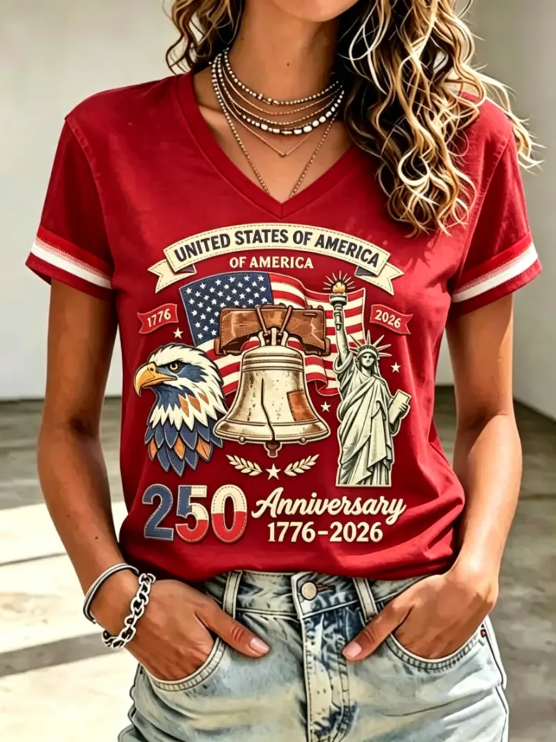 Women's Patriotic 250th Anniversary V-Neck Tee | Iconic Symbols Print