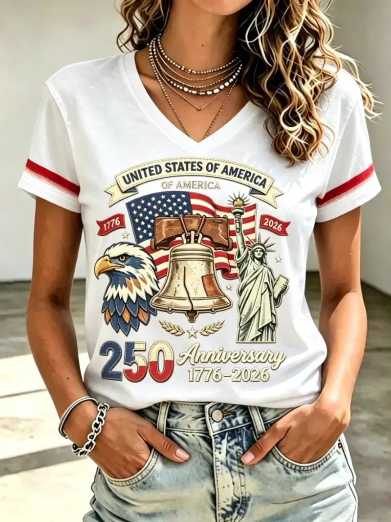 Women's Patriotic 250th Anniversary V-Neck Tee | Iconic Symbols Print