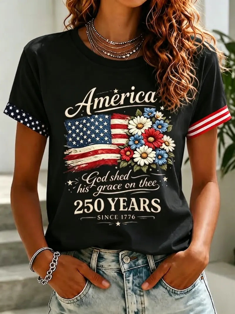 ✨ Women's Patriotic Floral Flag Short Sleeve Tee | Asymmetric Cuff Detail