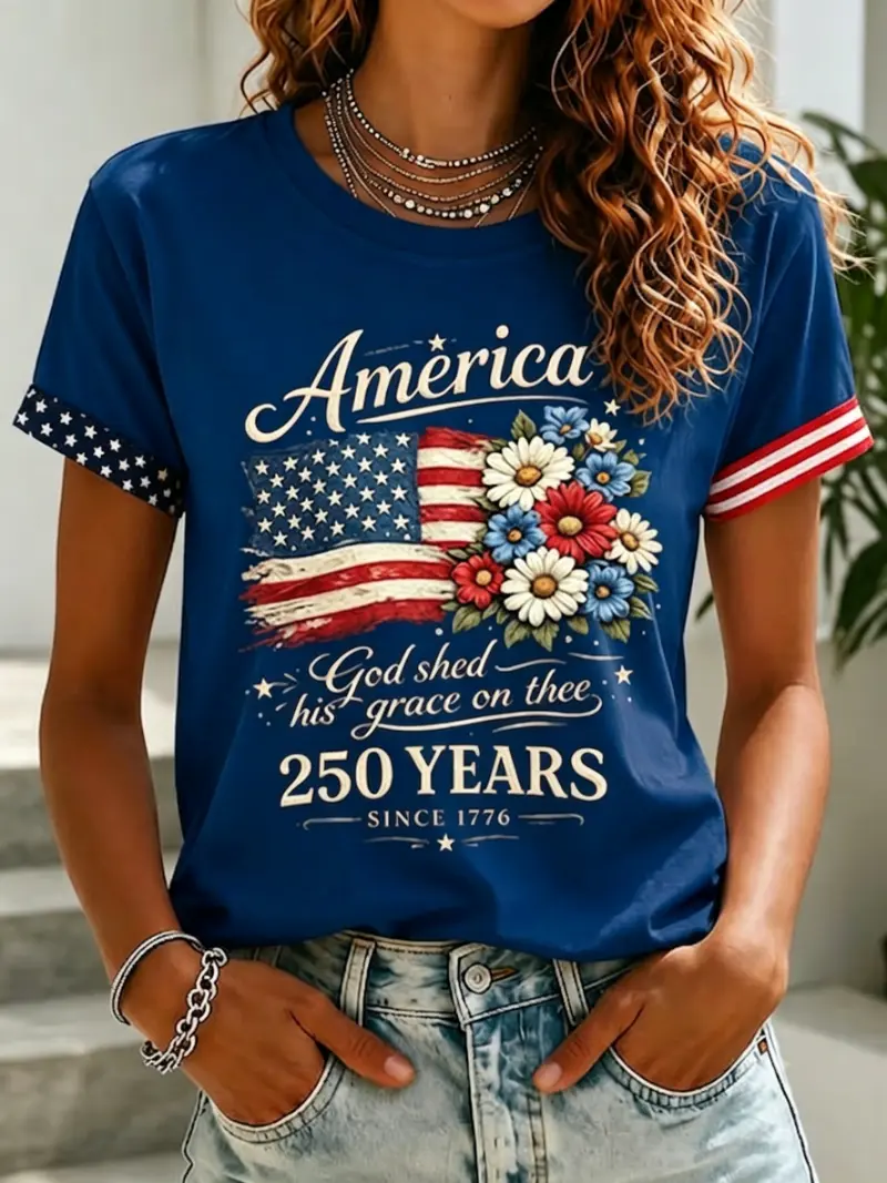✨ Women's Patriotic Floral Flag Short Sleeve Tee | Asymmetric Cuff Detail